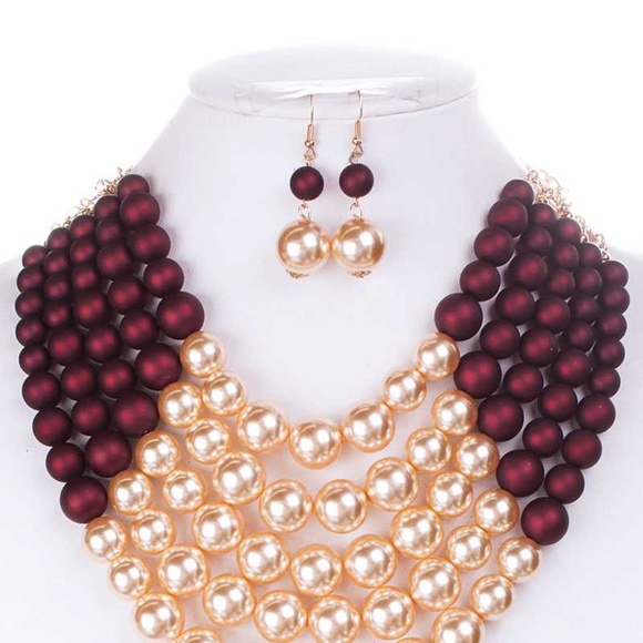 Color Block Pearl Chunky Necklace And Earring Set - Picture 6 of 9